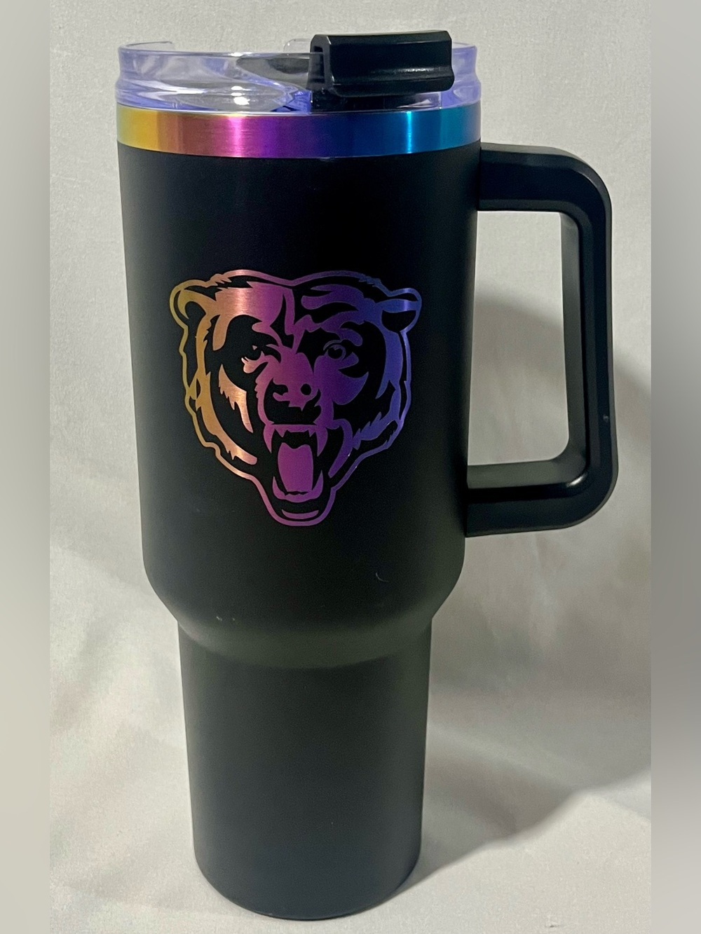 Black Travel Mug with Iridescent NFL Bear Decal and Rainbow Rim 40oz